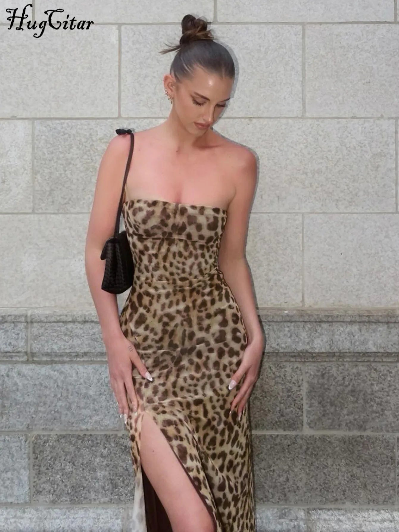 Women's Leopard Print Strapless Bodycon Midi Dress with Slit for Summer Beach Vacation and Club Outfits