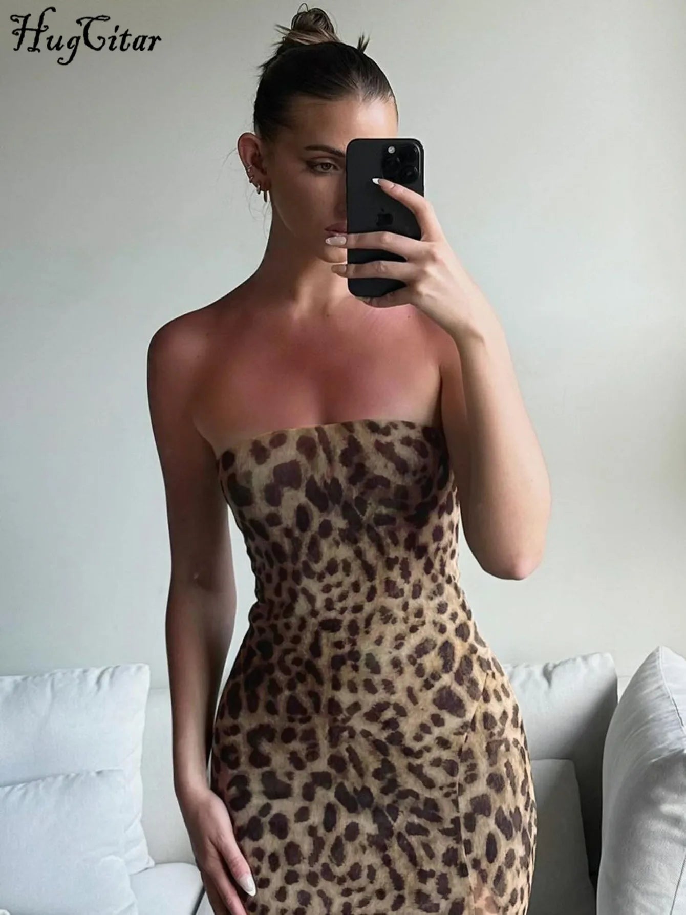 Women's Leopard Print Strapless Bodycon Midi Dress with Slit for Summer Beach Vacation and Club Outfits