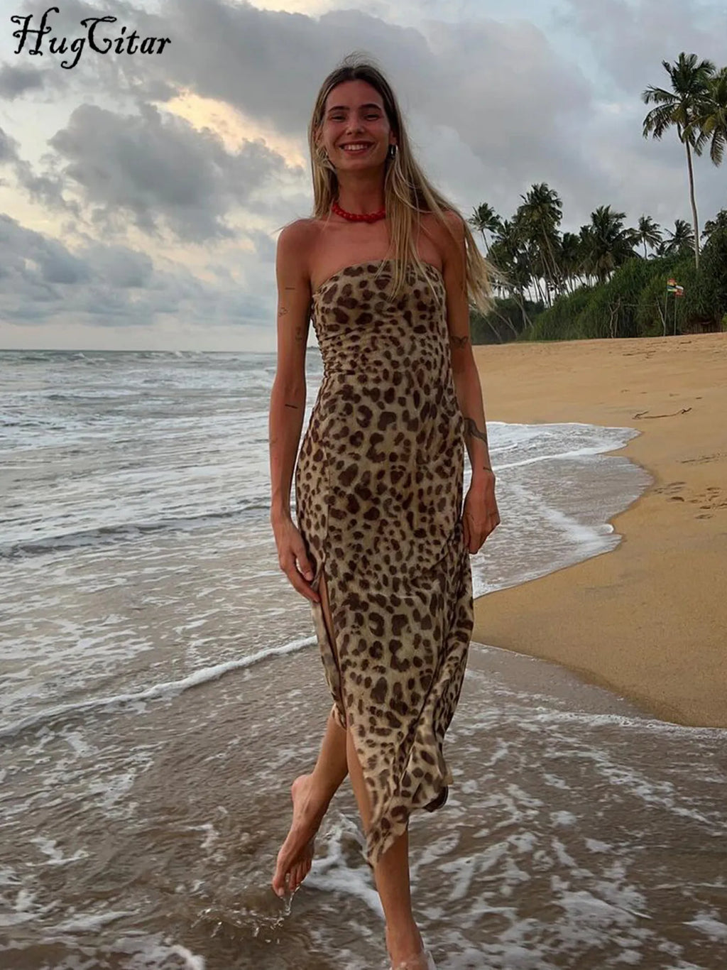Women's Leopard Print Strapless Bodycon Midi Dress with Slit for Summer Beach Vacation and Club Outfits