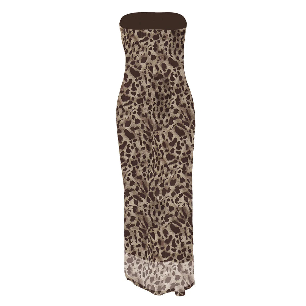 Women's Leopard Print Strapless Bodycon Midi Dress with Slit for Summer Beach Vacation and Club Outfits