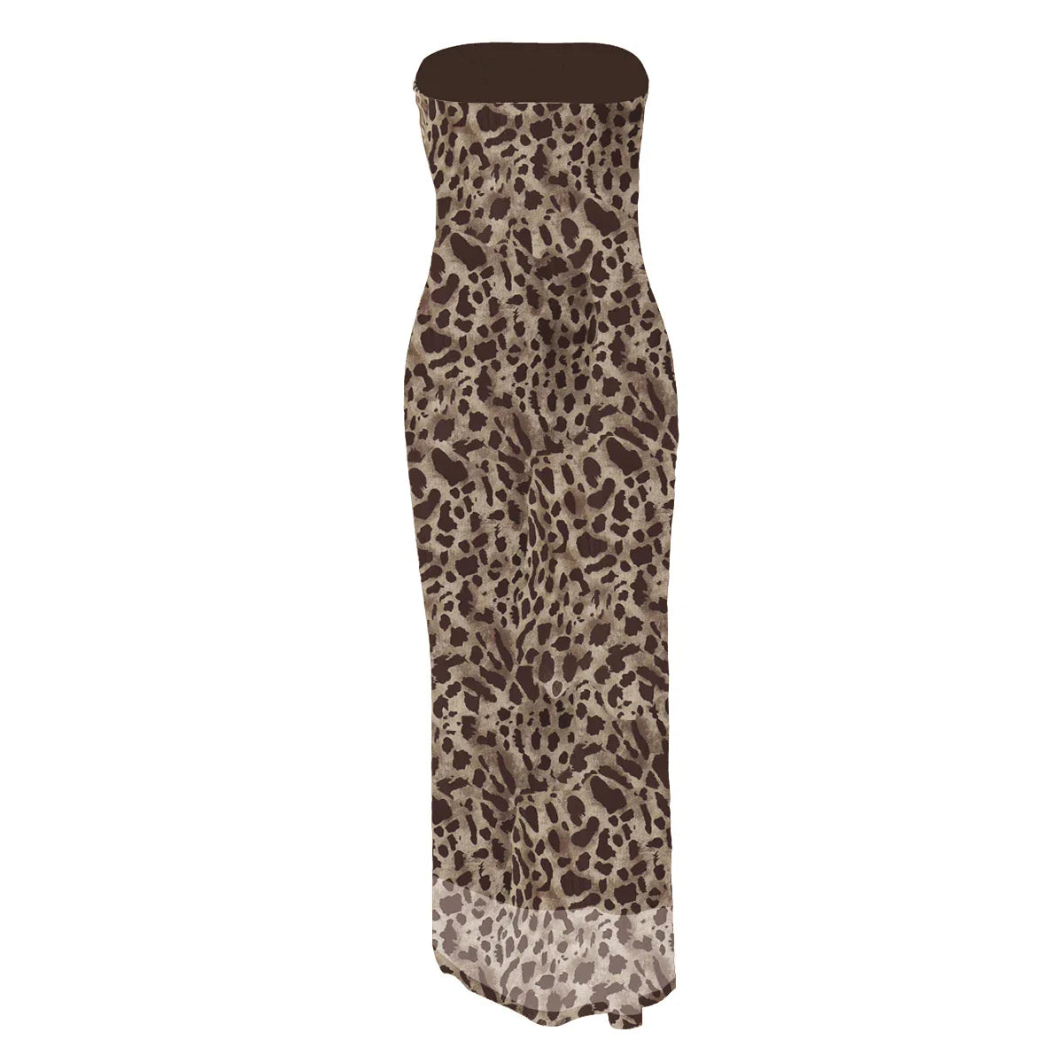 Women's Leopard Print Strapless Bodycon Midi Dress with Slit for Summer Beach Vacation and Club Outfits
