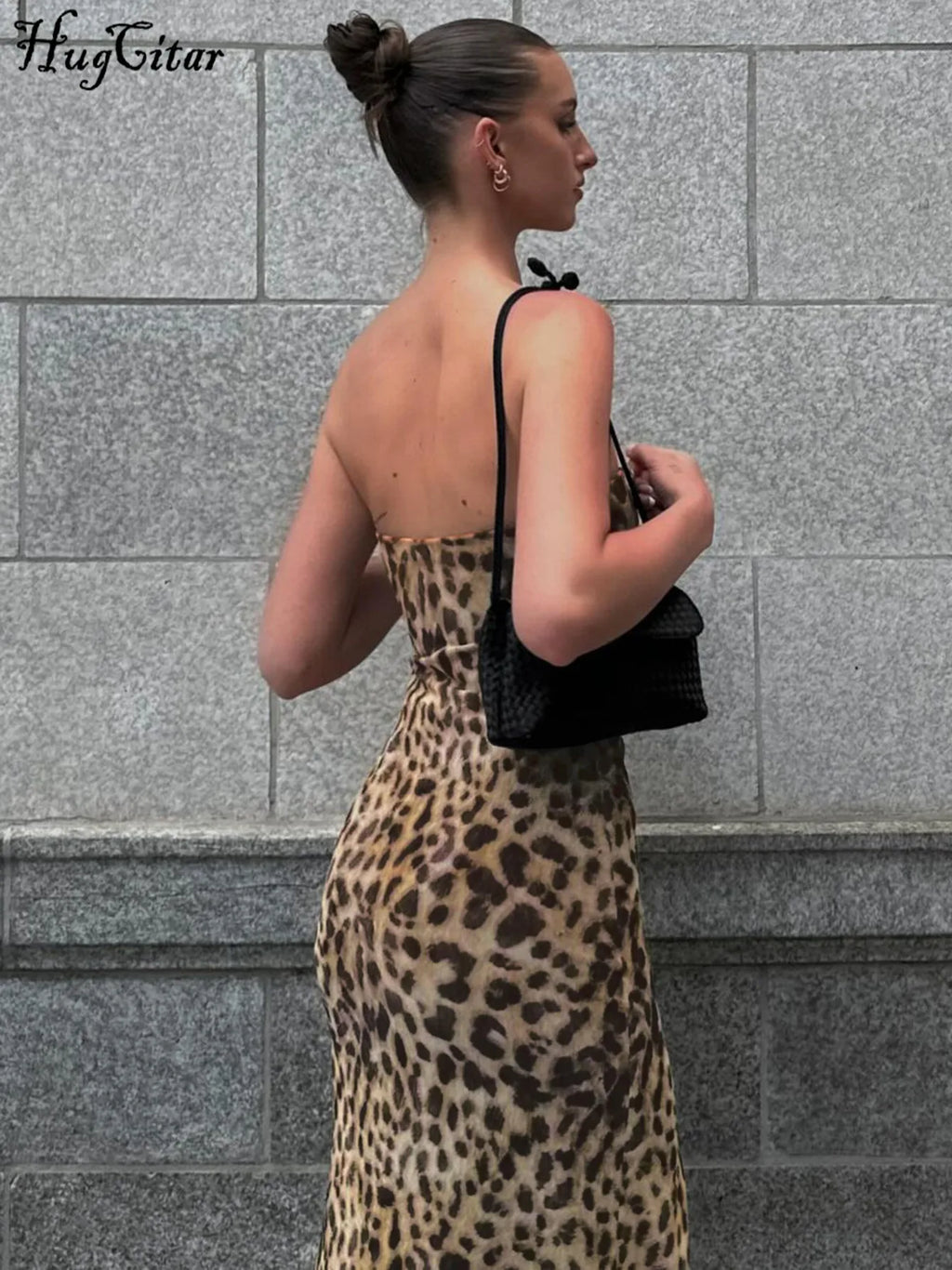 Women's Leopard Print Strapless Bodycon Midi Dress with Slit for Summer Beach Vacation and Club Outfits