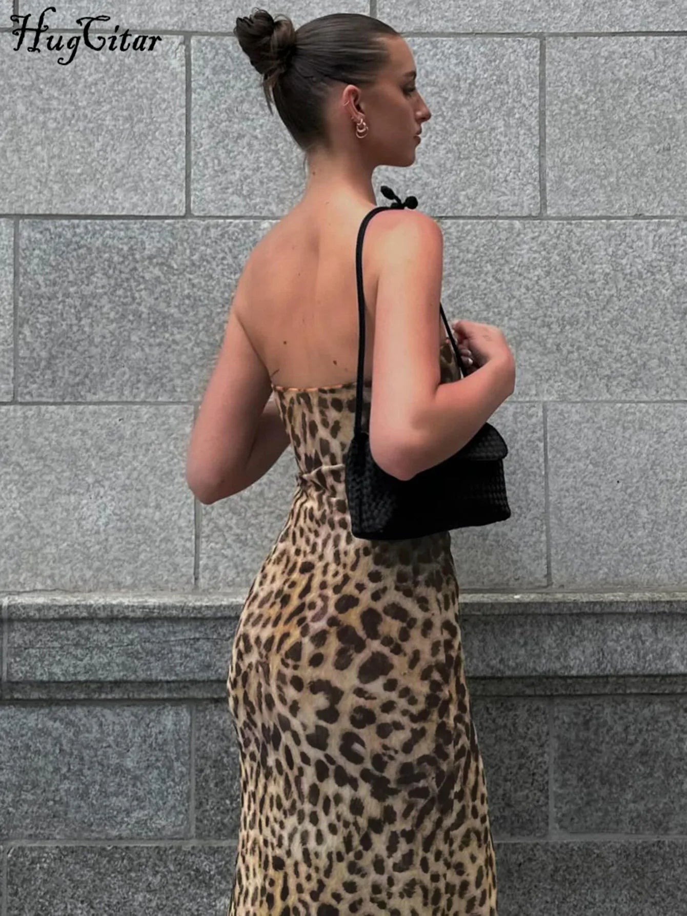 Women's Leopard Print Strapless Bodycon Midi Dress with Slit for Summer Beach Vacation and Club Outfits