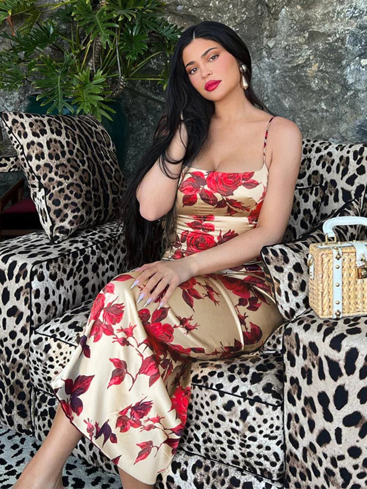 Sexy Floral Print Sleeveless Backless Bodycon Midi Dress for Summer Women Strap Y2K Club and Party Outfits