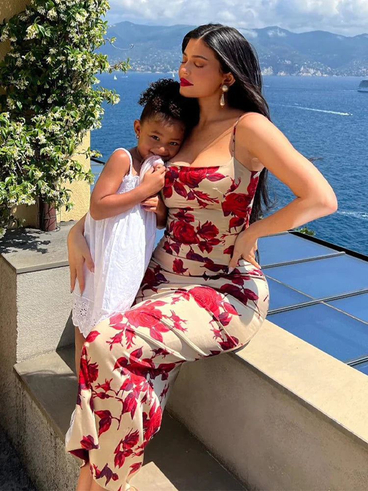 Sexy Floral Print Sleeveless Backless Bodycon Midi Dress for Summer Women Strap Y2K Club and Party Outfits