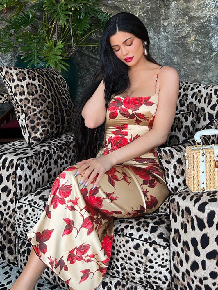 Sexy Floral Print Sleeveless Backless Bodycon Midi Dress for Summer Women Strap Y2K Club and Party Outfits