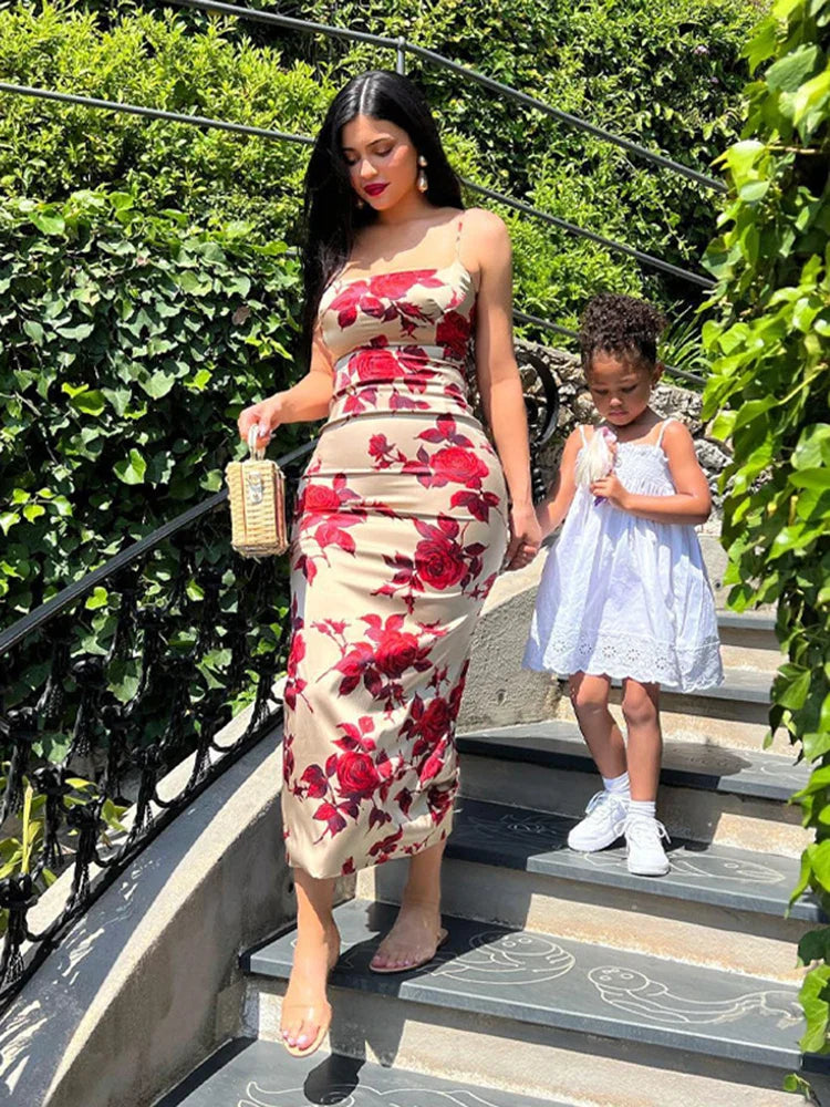 Sexy Floral Print Sleeveless Backless Bodycon Midi Dress for Summer Women Strap Y2K Club and Party Outfits