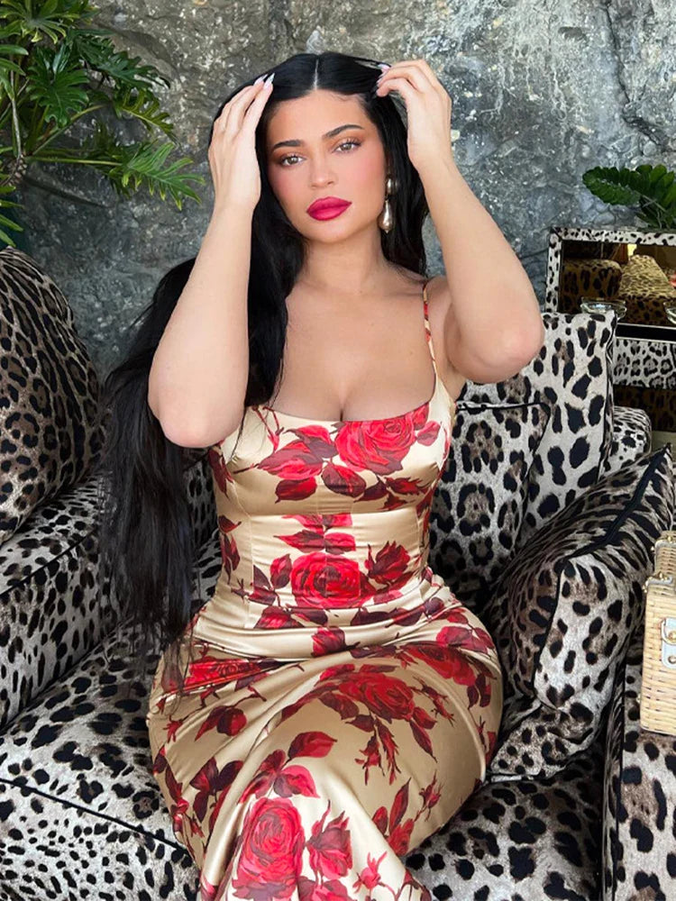 Sexy Floral Print Sleeveless Backless Bodycon Midi Dress for Summer Women Strap Y2K Club and Party Outfits