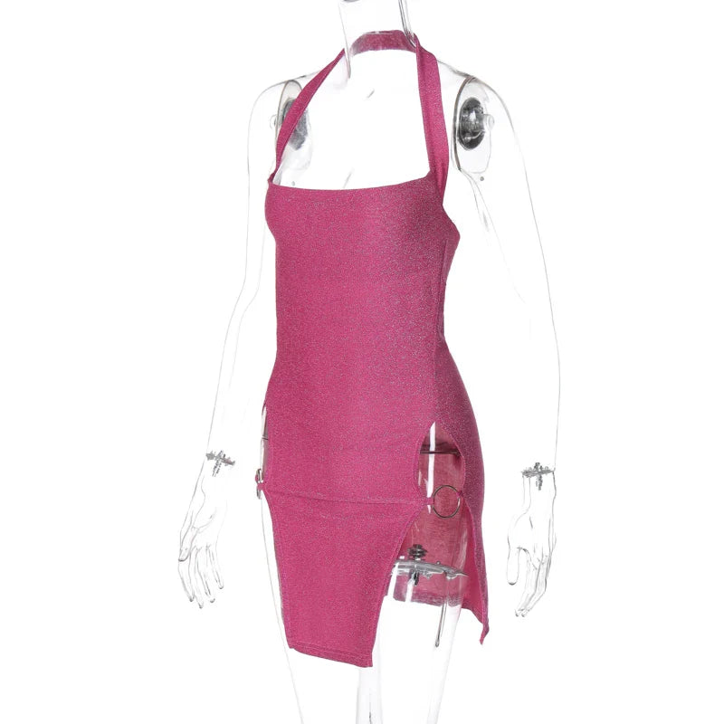 Elegant Shine Halter Backless Midi Dress for Women with Slit Detail Perfect for Spring Summer Parties and Festivals