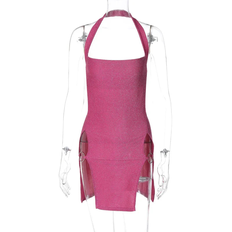 Elegant Shine Halter Backless Midi Dress for Women with Slit Detail Perfect for Spring Summer Parties and Festivals