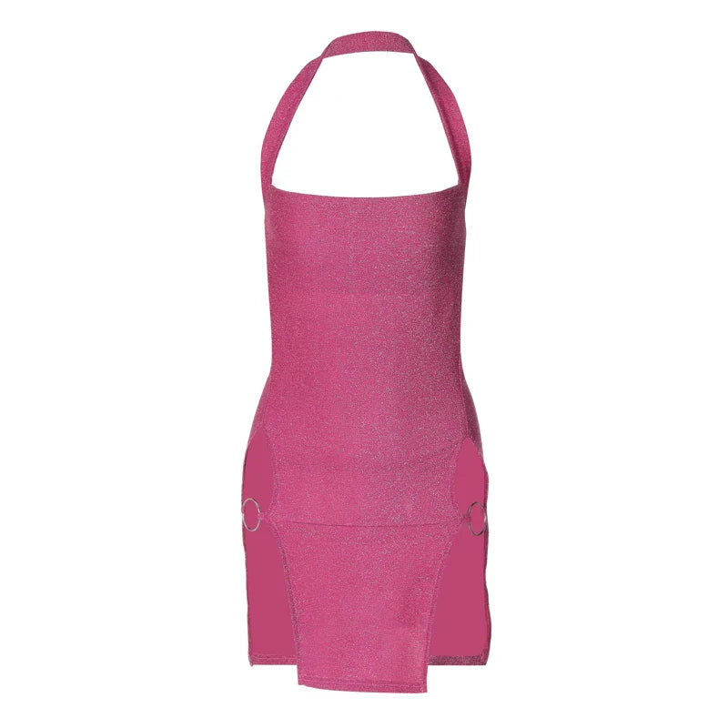 Elegant Shine Halter Backless Midi Dress for Women with Slit Detail Perfect for Spring Summer Parties and Festivals