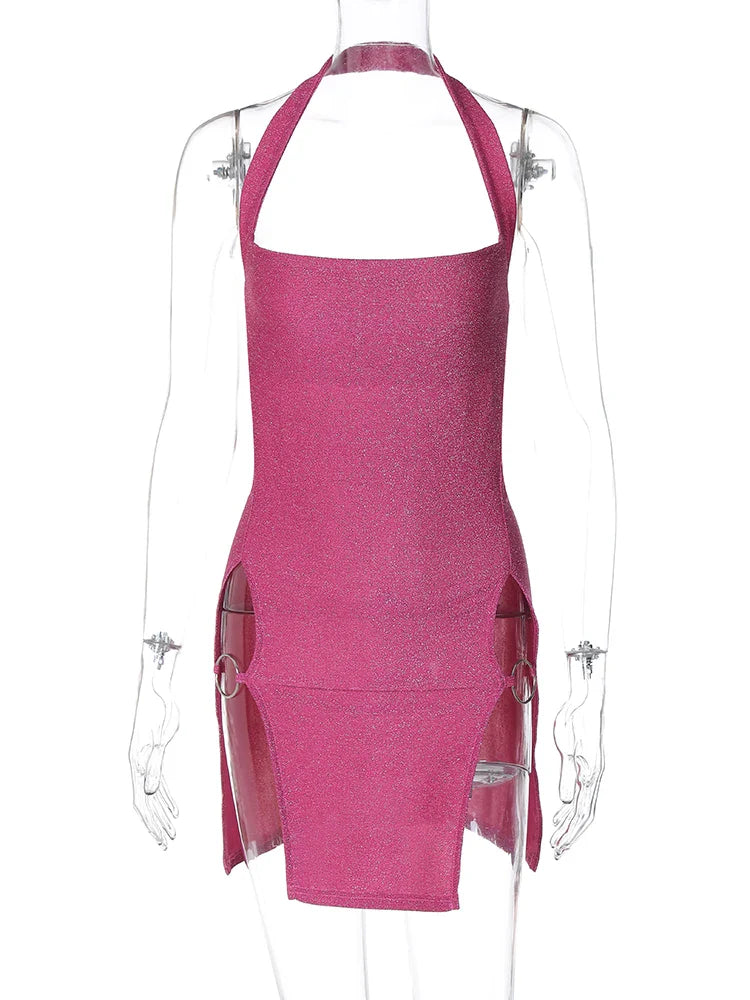 Elegant Shine Halter Backless Midi Dress for Women with Slit Detail Perfect for Spring Summer Parties and Festivals