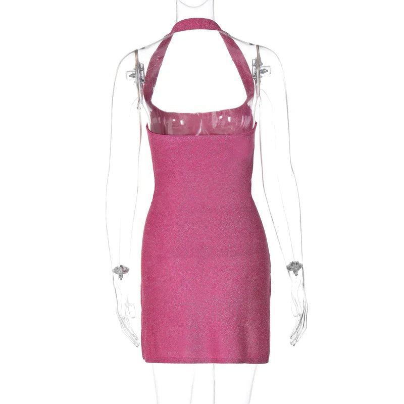 Elegant Shine Halter Backless Midi Dress for Women with Slit Detail Perfect for Spring Summer Parties and Festivals
