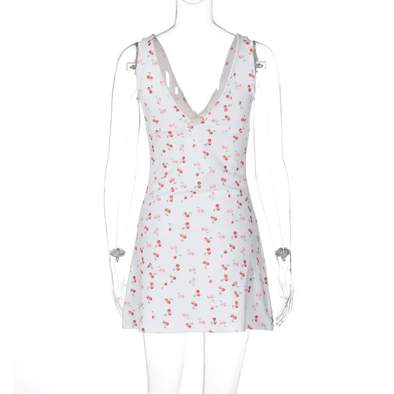 Cherry Print Strap Backless Draped Bodycon Mini Dress for Summer Women Elegant Party and Vacation Wear