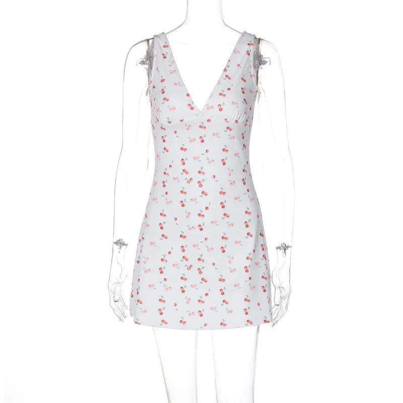 Cherry Print Strap Backless Draped Bodycon Mini Dress for Summer Women Elegant Party and Vacation Wear