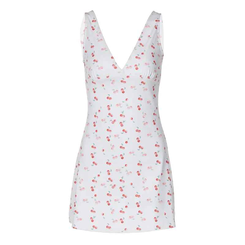 Cherry Print Strap Backless Draped Bodycon Mini Dress for Summer Women Elegant Party and Vacation Wear