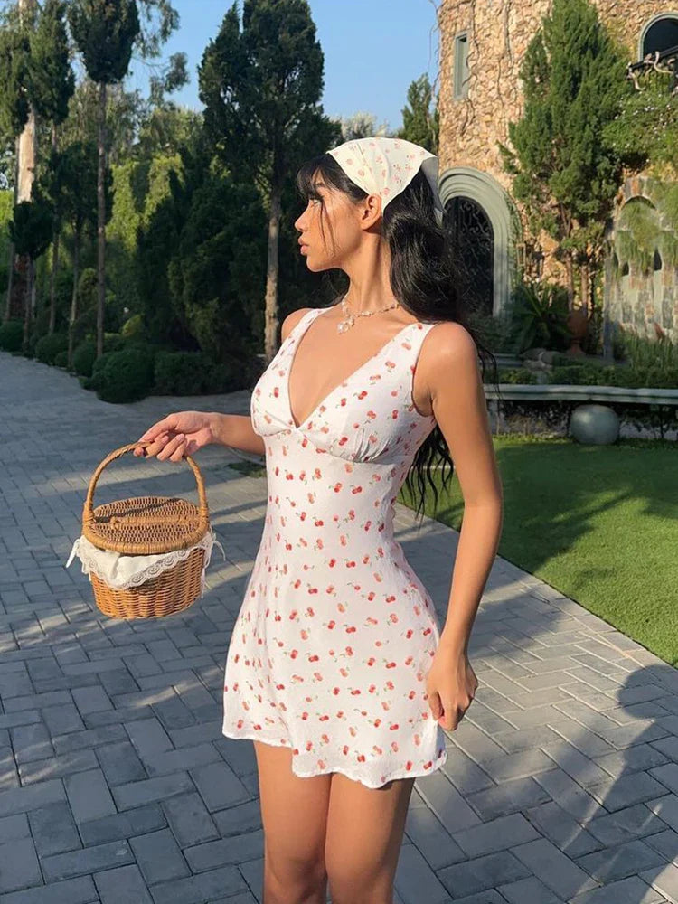 Cherry Print Strap Backless Draped Bodycon Mini Dress for Summer Women Elegant Party and Vacation Wear