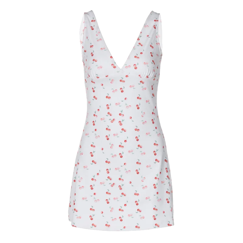 Cherry Print Strap Backless Draped Bodycon Mini Dress for Summer Women Elegant Party and Vacation Wear