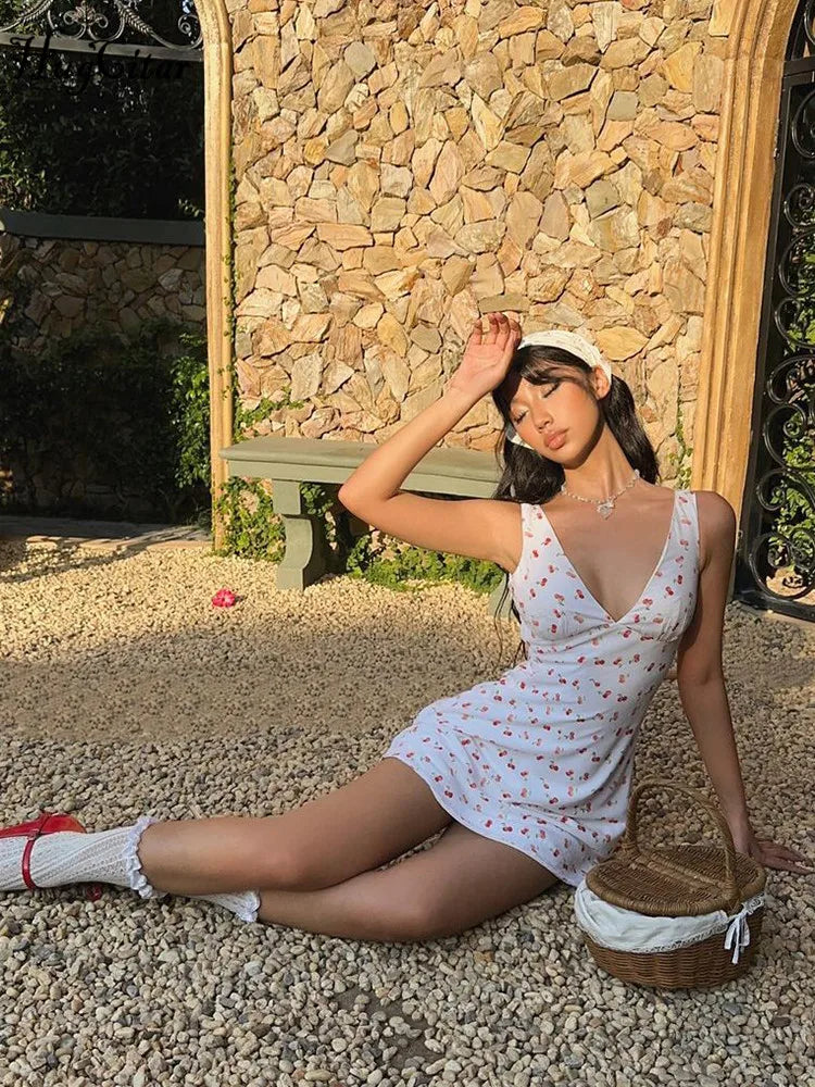 Cherry Print Strap Backless Draped Bodycon Mini Dress for Summer Women Elegant Party and Vacation Wear