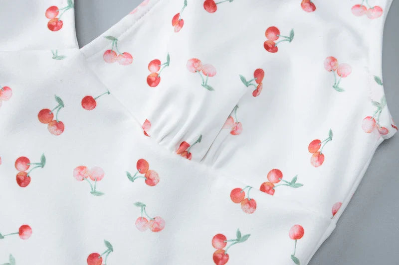 Cherry Print Strap Backless Draped Bodycon Mini Dress for Summer Women Elegant Party and Vacation Wear