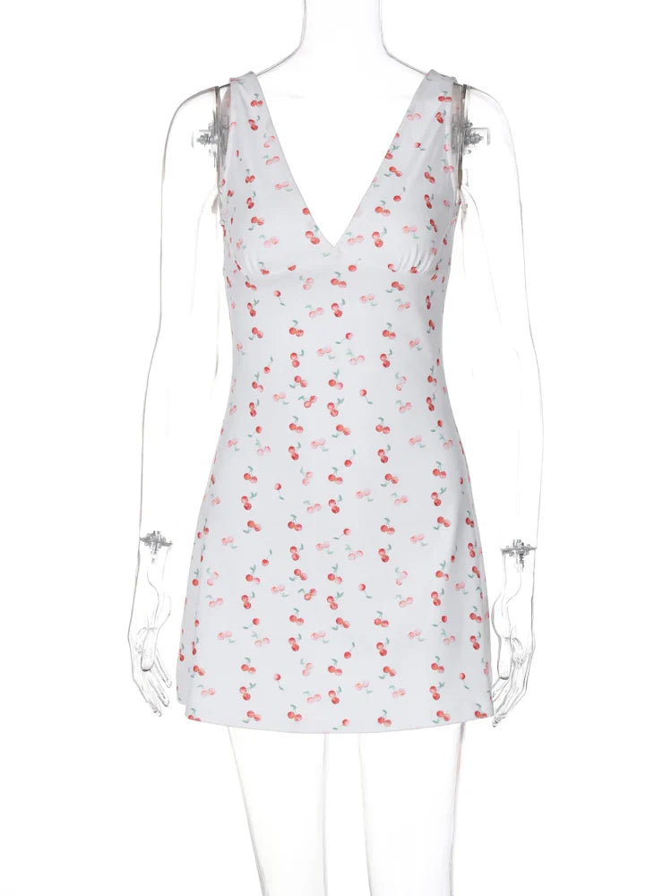Cherry Print Strap Backless Draped Bodycon Mini Dress for Summer Women Elegant Party and Vacation Wear