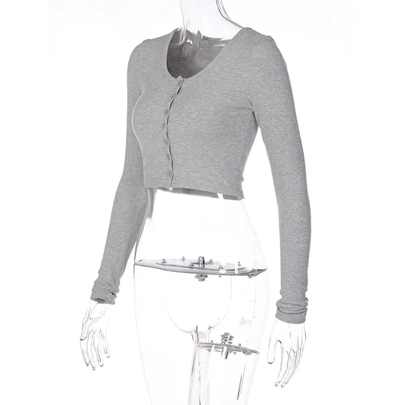 Long Sleeve Solid O Neck Buttoned Slim Crop T-Shirt Top for Women Elegant Streetwear Party Outfit