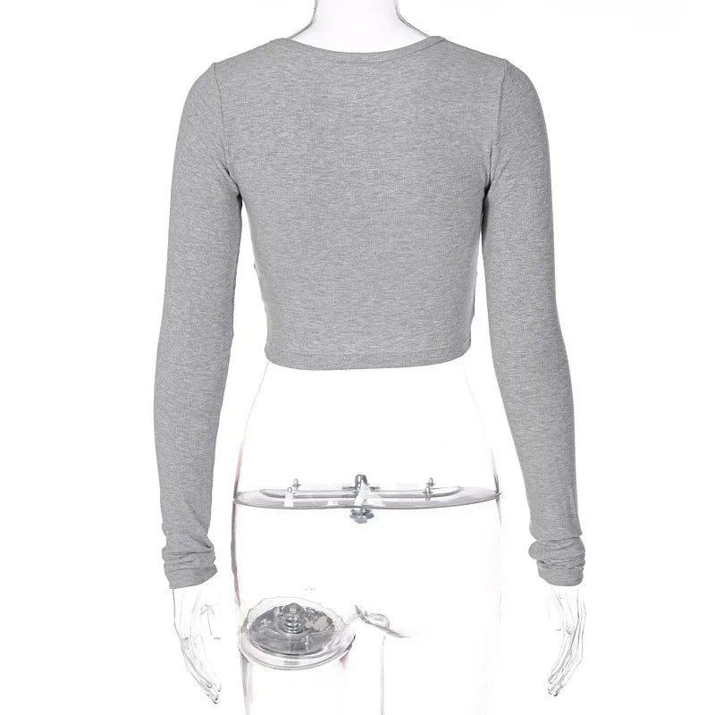 Long Sleeve Solid O Neck Buttoned Slim Crop T-Shirt Top for Women Elegant Streetwear Party Outfit