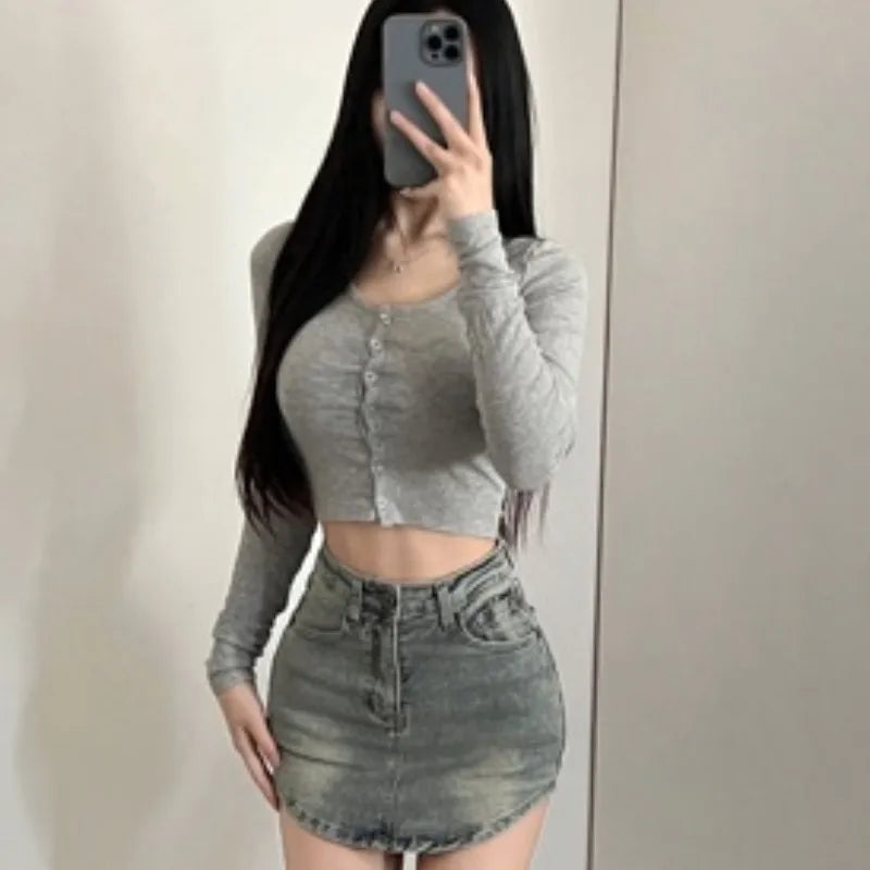 Long Sleeve Solid O Neck Buttoned Slim Crop T-Shirt Top for Women Elegant Streetwear Party Outfit