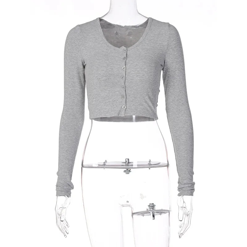 Long Sleeve Solid O Neck Buttoned Slim Crop T-Shirt Top for Women Elegant Streetwear Party Outfit