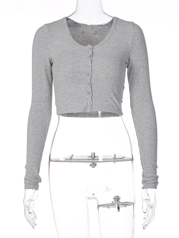 Long Sleeve Solid O Neck Buttoned Slim Crop T-Shirt Top for Women Elegant Streetwear Party Outfit