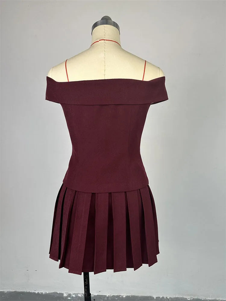 Chic Summer Two Piece Skirt Set for Women Off Shoulder Double Breasted Top with A Line Pleated Mini Skirt