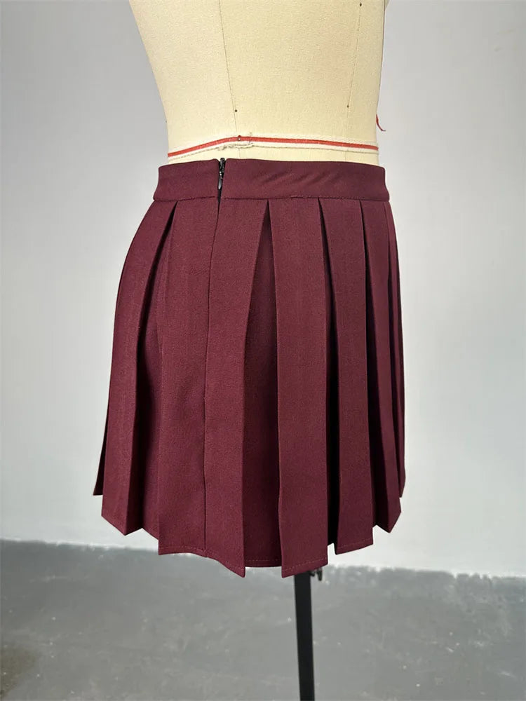 Chic Summer Two Piece Skirt Set for Women Off Shoulder Double Breasted Top with A Line Pleated Mini Skirt