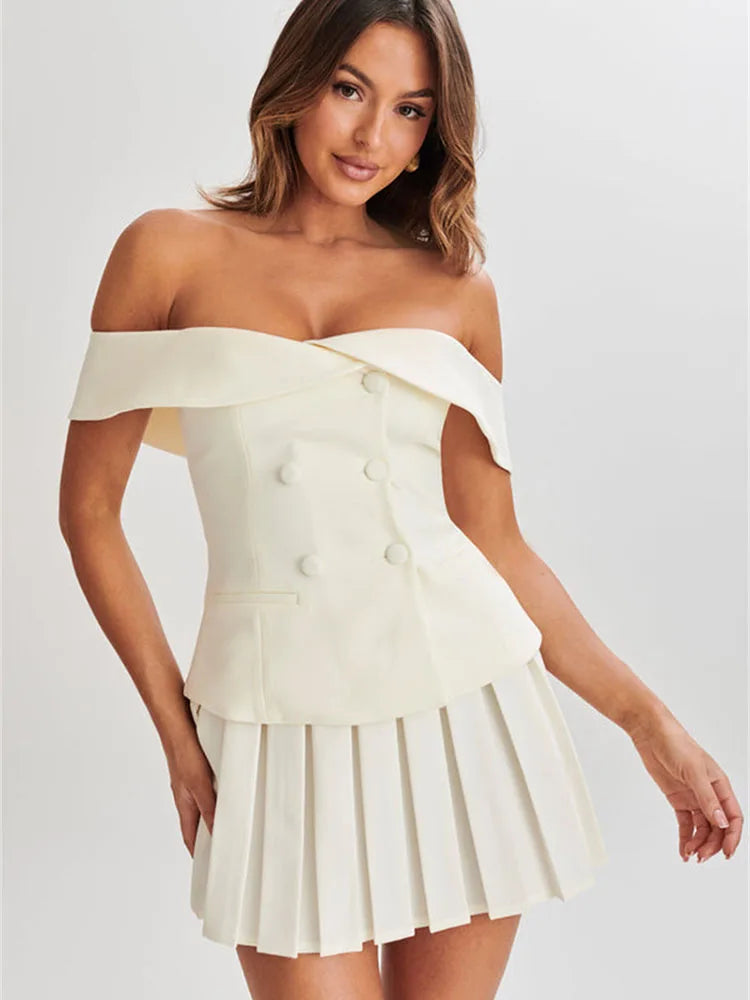 Chic Summer Two Piece Skirt Set for Women Off Shoulder Double Breasted Top with A Line Pleated Mini Skirt