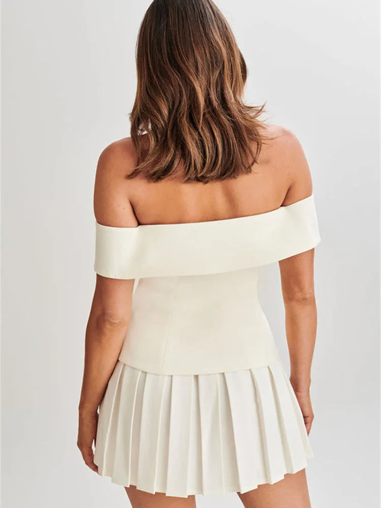 Chic Summer Two Piece Skirt Set for Women Off Shoulder Double Breasted Top with A Line Pleated Mini Skirt