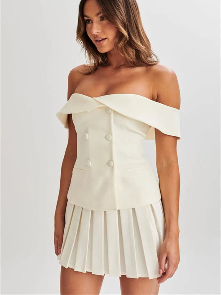 Chic Summer Two Piece Skirt Set for Women Off Shoulder Double Breasted Top with A Line Pleated Mini Skirt