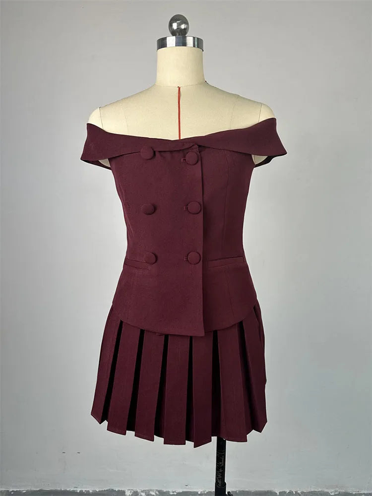 Chic Summer Two Piece Skirt Set for Women Off Shoulder Double Breasted Top with A Line Pleated Mini Skirt