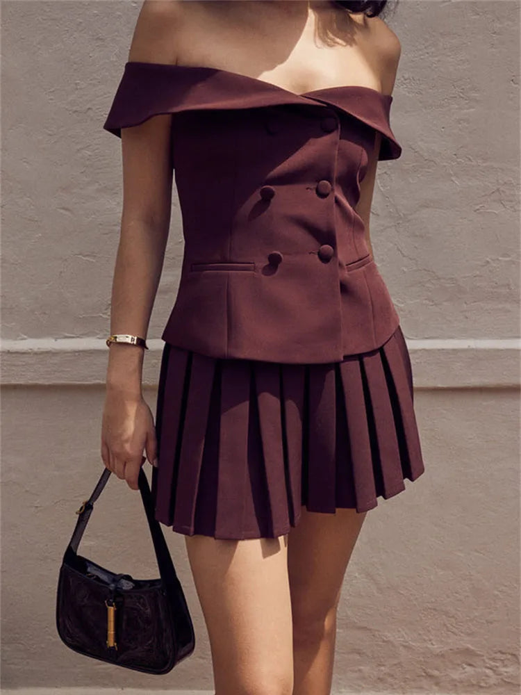 Chic Summer Two Piece Skirt Set for Women Off Shoulder Double Breasted Top with A Line Pleated Mini Skirt