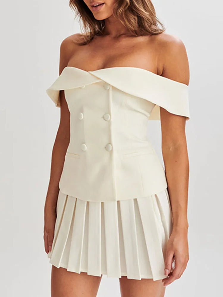 Chic Summer Two Piece Skirt Set for Women Off Shoulder Double Breasted Top with A Line Pleated Mini Skirt