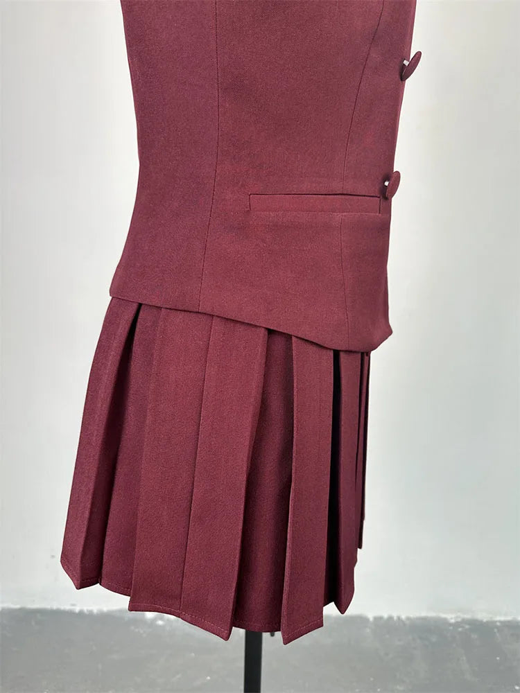 Chic Summer Two Piece Skirt Set for Women Off Shoulder Double Breasted Top with A Line Pleated Mini Skirt