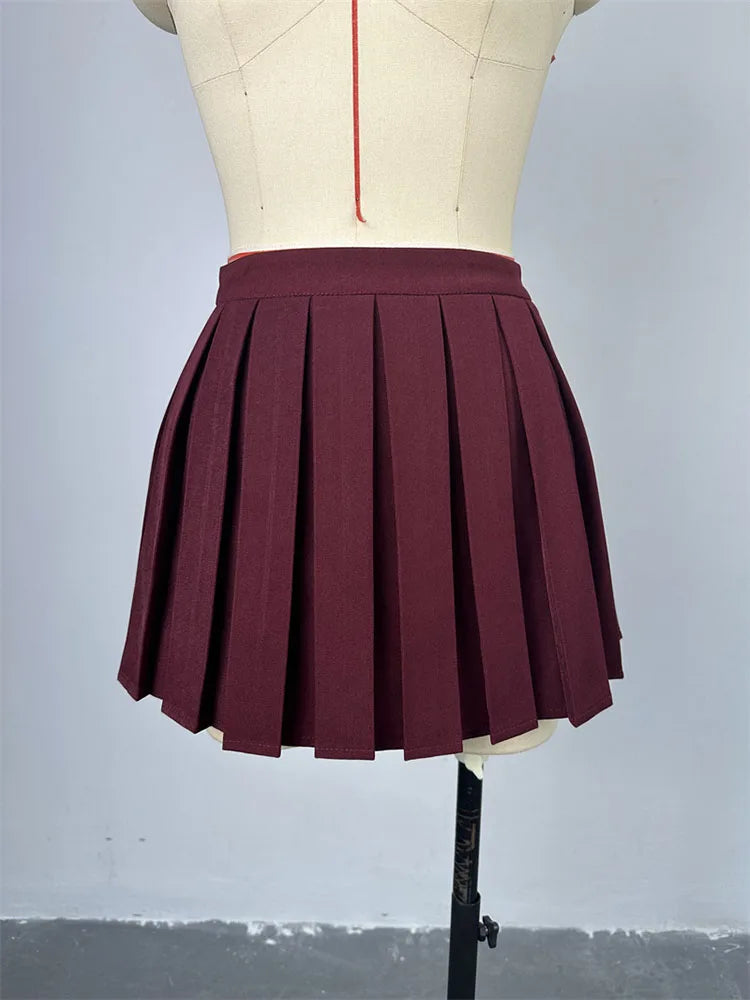 Chic Summer Two Piece Skirt Set for Women Off Shoulder Double Breasted Top with A Line Pleated Mini Skirt