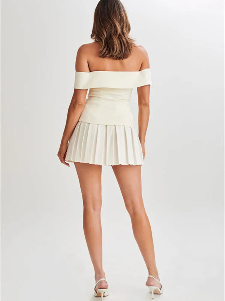 Chic Summer Two Piece Skirt Set for Women Off Shoulder Double Breasted Top with A Line Pleated Mini Skirt