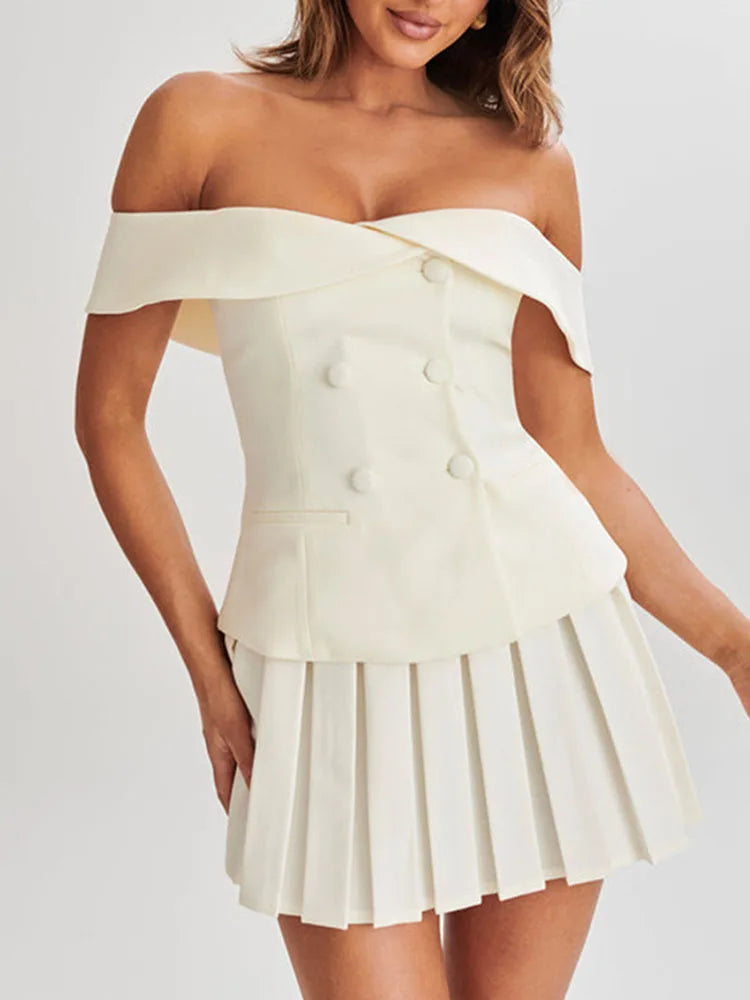 Chic Summer Two Piece Skirt Set for Women Off Shoulder Double Breasted Top with A Line Pleated Mini Skirt