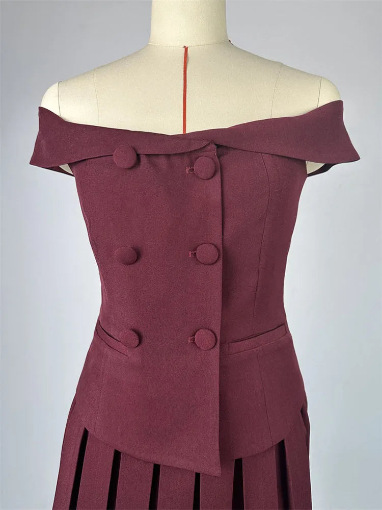 Chic Summer Two Piece Skirt Set for Women Off Shoulder Double Breasted Top with A Line Pleated Mini Skirt