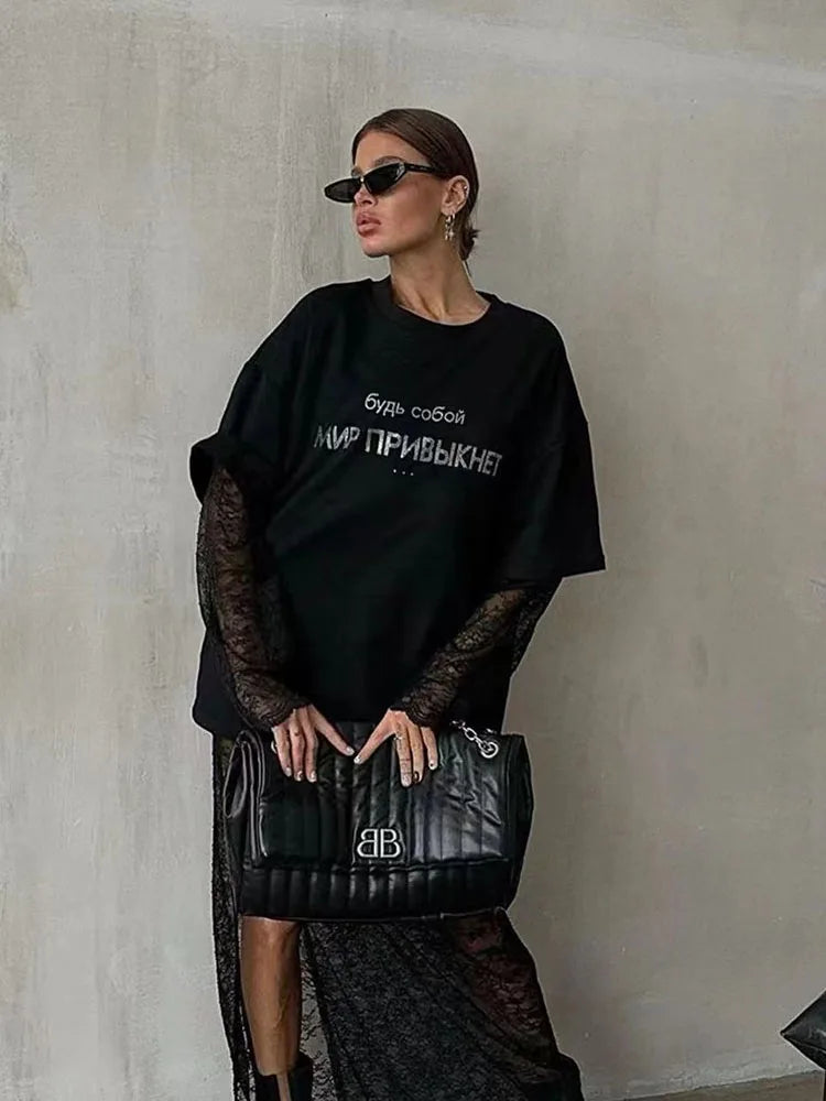 Casual Harajuku Diamond Print Loose Cotton T-Shirt for Women Soft Breathable Summer Streetwear Tee