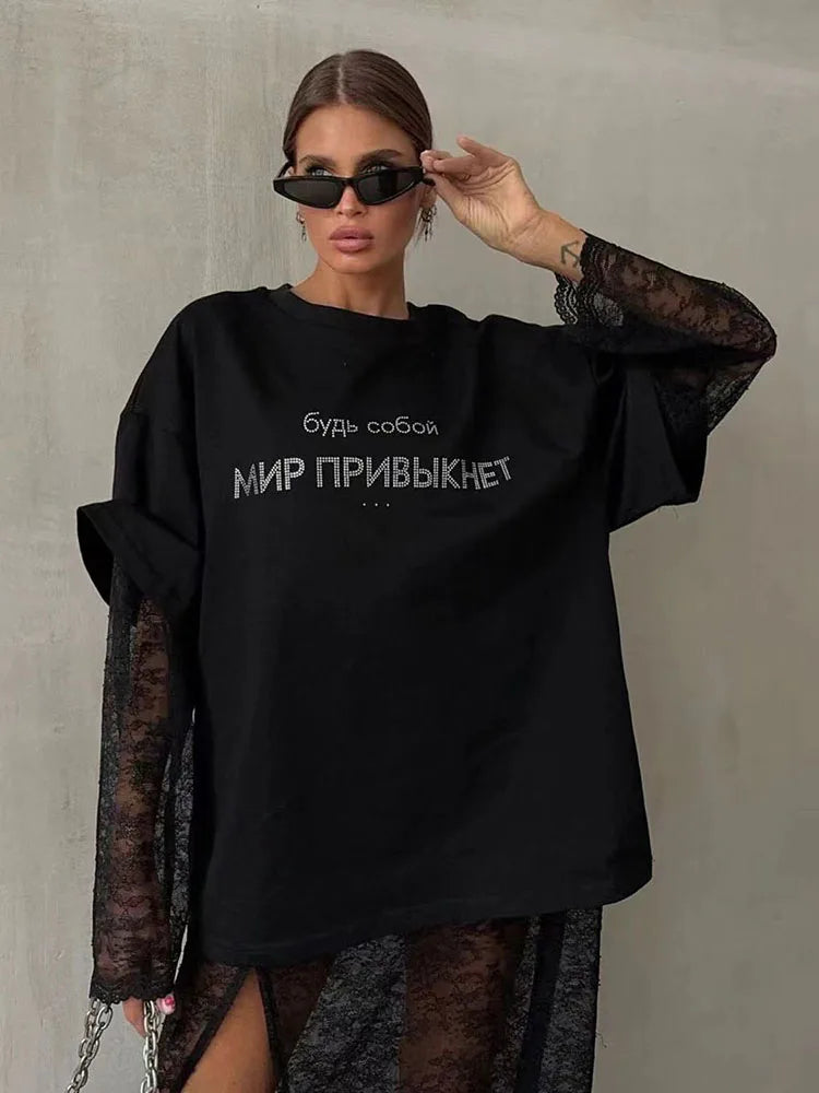 Casual Harajuku Diamond Print Loose Cotton T-Shirt for Women Soft Breathable Summer Streetwear Tee