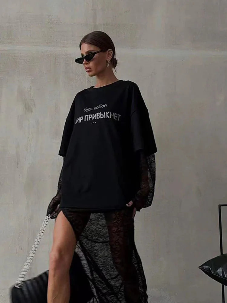 Casual Harajuku Diamond Print Loose Cotton T-Shirt for Women Soft Breathable Summer Streetwear Tee