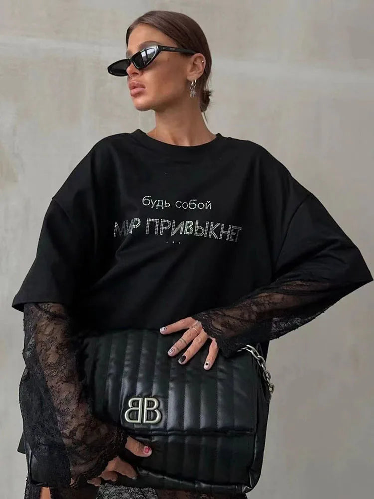 Casual Harajuku Diamond Print Loose Cotton T-Shirt for Women Soft Breathable Summer Streetwear Tee