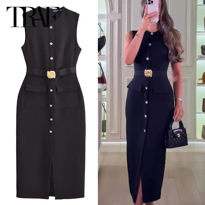 Elegant Black Long Summer Dress with Sleeveless Design, Button-Up Front, Belted Waist, Perfect for Evening and Casual Occasions