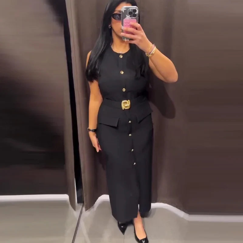 Elegant Black Long Summer Dress with Sleeveless Design, Button-Up Front, Belted Waist, Perfect for Evening and Casual Occasions