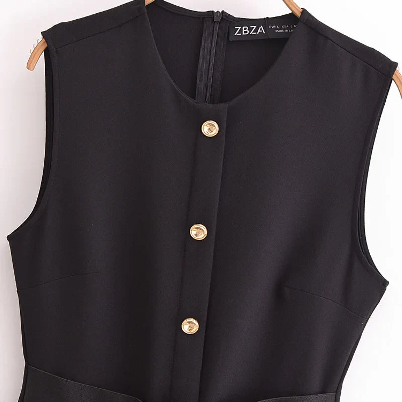 Elegant Black Long Summer Dress with Sleeveless Design, Button-Up Front, Belted Waist, Perfect for Evening and Casual Occasions